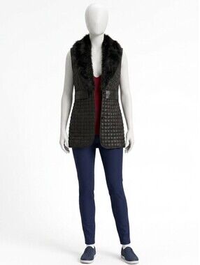 Wenxi Quilted Puffer Mid Length Faux Fur Vest Pockets Button Sleeveless Jacket